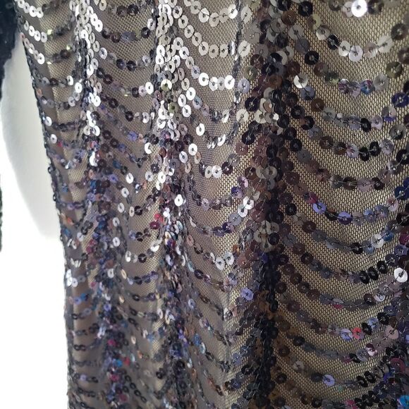FINAL SALE Papaya Black Sequin Mini Dress Nude Lining S Art Deco - Picture 3 of 8